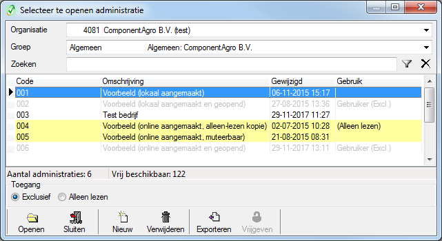 Administratie openen