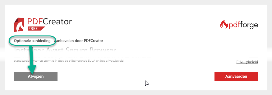 PDF Creator installatie - optionele software niet installeren